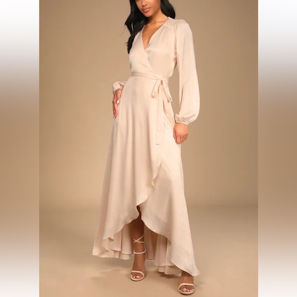 Lulu’s Endless Moments Light Peach Satin Long Sleeve Wrap Maxi Dress, Sz XL, NWT